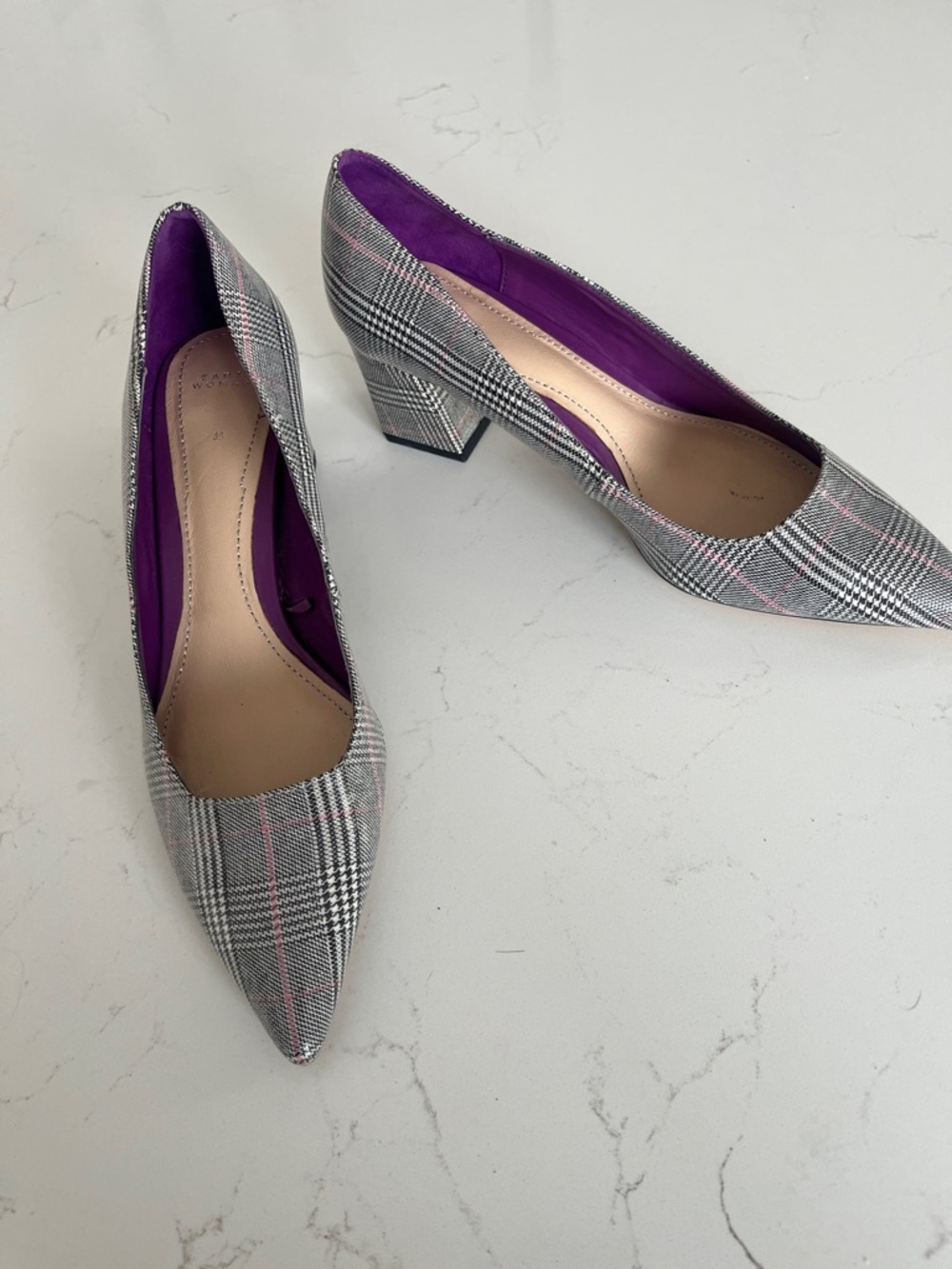 Zara Plaid Pointed-Toe Block Heel Pumps in Gray with Purple Lining